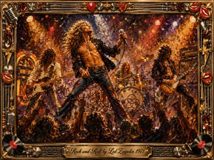 A fiery oil-painted rock concert erupts with a charismatic singer commanding center stage, flanked by guitarists and a driving drummer before an ecstatic crowd. Crimson, gold, orange, and violet spotlights cut through smoky atmosphere and confetti. An ornate chrome-and-gold frame features records, microphones, guitar hardware, red lips, and an engraved title plate.