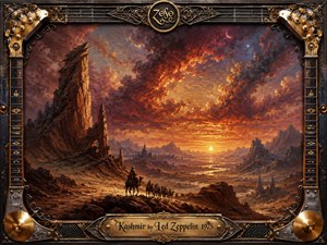A vast desert valley glows beneath a fiery crimson-and-gold sunset as a lone caravan crosses rugged stone terrain toward distant mountains and ancient structures. Rich oil-paint textures create an epic, mystical atmosphere. An ornate chrome-and-gold musical frame surrounds the scene, with guitar details, cymbals, filigree, and an engraved title plate.