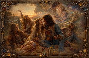 A golden 1970 hippie gathering unfolds beside a tranquil lake, where friends laugh, dance, and share music at sunset. A romantic couple anchors the scene while a dreamlike vision rises behind them. Feathered, nostalgic edges and an ornate frame of guitar strings, picks, keys, and filigree complete the memory.