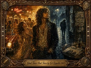 A richly textured rock-era painting centers on a long-haired young man between contrasting worlds: warm golden nightlife, laughter, and romance on the left, and a cool rain-soaked street of solitude on the right. Dramatic amber and blue lighting, vintage details, and an ornate guitar-inspired frame reinforce the songs emotional duality.