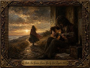A windswept woman walks toward a glowing coastal sunset while a solitary guitarist sits in a shadowed doorway, capturing sorrow, longing, and separation. Rich amber, brown, crimson, and smoky gray tones shape the dramatic oil-painted scene, framed by ornate aged wood, brass, vines, guitar strings, and an engraved title plate.