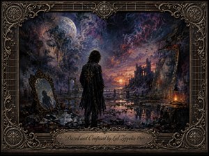A lone dark-clad figure stands amid shattered mirrors and ruined architecture beneath a turbulent twilight sky, evoking confusion, isolation, and haunted reflection. Deep blues, violets, crimson, and amber glow through painterly clouds and wet surfaces. An ornate antique frame with guitar-inspired details surrounds the surreal scene and engraved title plate.