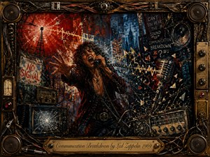 A frantic rock figure screams into a telephone amid shattered radios, microphones, tangled cables, and exploding signal waves. Deep reds, smoky blues, black, and electric highlights create urgent contrast beneath dramatic lighting. Painterly textures and fractured details suggest emotional overload, while an ornate audio-themed metal frame surrounds the chaotic 1969-inspired scene.