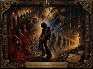 A shadowed guitarist stands amid swirling smoke, ghostly women, repeating silhouettes, and fractured clocks in a surreal, theatrical interior. Deep crimson, amber, midnight blue, and tarnished gold create a brooding, hypnotic mood. Dramatic chiaroscuro, ornate baroque detailing, glowing doorways, pendulums, and a richly embellished rock-inspired frame intensify the sense of obsession and time.