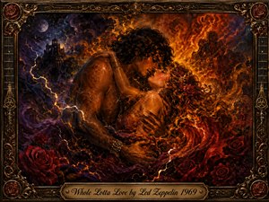 A passionate couple embraces at the heart of a fiery, psychedelic storm, surrounded by crimson roses, golden flames, violet clouds, lightning, and a distant moonlit castle. Dramatic warm lighting and rich jewel tones heighten the intense romantic mood. An ornate baroque frame and engraved title plate complete the lavish rock-inspired fantasy painting.