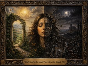A surreal painted portrait divides a womans face between two contrasting worlds: a radiant golden garden with flowers, butterflies, mountains, and an open arch, and a dark moonlit wasteland of ruins, chains, and shattered stone. Dramatic warm-and-cool lighting, intricate textures, and an ornate bronze frame heighten the dreamlike, conflicted mood.