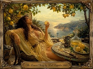 A richly detailed fantasy scene shows a woman reclining beneath a fruit-laden lemon tree on a sunlit Mediterranean terrace overlooking rugged cliffs and a shimmering sea. Warm gold, amber, cream, and green tones create a sensual, nostalgic mood, while ornate furnishings, glassware, carved details, and a gilded frame enhance the painterly realism.