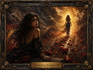 A sorrowful woman looks back from a storm-darkened landscape as a distant figure walks toward blazing golden light. Shattered crimson hearts scatter across the reflective path, reinforcing the mood of heartbreak and departure. Deep blacks, reds, and golds, dramatic lightning, swirling musical forms, and an ornate baroque frame create a richly painted, cinematic atmosphere.