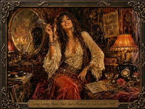 A glamorous bohemian woman lounges confidently in a richly cluttered late-1960s interior filled with vinyl records, jewelry, a rotary phone, glowing lamps, posters, and an ornate mirror. Warm amber, crimson, gold, and deep brown tones create a decadent, playful mood, rendered in a detailed painterly style within an elaborate antique frame.