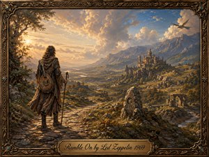 A lone wandering musician stands on a rocky path overlooking a vast golden valley, distant mountains, and a dramatic castle beneath sweeping clouds. Warm sunset light bathes the landscape in amber and blue, creating a reflective, adventurous mood. Rich painterly detail, ancient ruins, soaring birds, and an ornate Celtic-inspired frame enhance the romantic fantasy atmosphere.