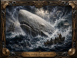 A colossal white whale surges from a storm-tossed ocean beneath lightning-filled skies, dwarfing a struggling whaling boat and distant sailing ship. Deep blue, slate gray, and foaming white tones create a fierce, cinematic mood. Ornate brass nautical framing, drum-inspired details, dramatic highlights, and engraved titlework complete the richly painted composition.
