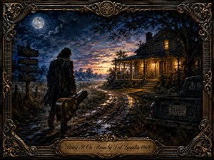 A weary musician carrying a battered guitar case walks along a rain-darkened country road toward a warmly glowing farmhouse. Moonlight and fading sunset colors mingle in deep blues, amber, and gold, creating a soulful homecoming mood. Ornate metalwork framing, wet reflections, signposts, and a vintage truck enrich the dramatic painted composition.