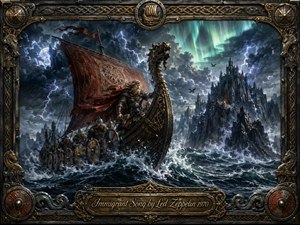 A fierce Viking longship surges through storm-tossed northern seas toward jagged black cliffs beneath lightning and green aurora. Armored warriors crowd the deck as a crimson sail whips overhead. Cold blue-gray waves, bronze accents, dramatic illumination, and richly textured fantasy painting create an epic, mythic mood within an ornate Norse metal frame.