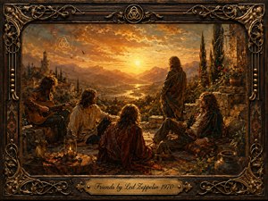 An ornate, hand-painted scene shows a circle of long-haired friends gathered on a stone terrace at sunset, one strumming a guitar while others gaze across a glowing valley of rivers, mountains, and distant towers. Warm golds and deep earth tones, soft lantern light, and an elaborate carved frame create a nostalgic, mystical, serene mood.
