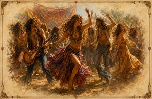 Golden sunlight pours across a joyful 1970 hippie gathering, where barefoot dancers whirl beside a long-haired guitarist amid flowing skirts, raised hands, dust, and psychedelic fabric. Soft feathered edges evoke a fading memory, while a delicate antique frame of guitar strings, colorful picks, keys, and ornate corners completes the nostalgic scene.