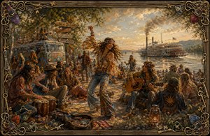 A joyful 1970s hippie gathering unfolds beside a glowing river, where dancers, musicians, and travelers celebrate near a painted bus and passing paddleboat. Warm sunset tones and feathered edges create a dreamlike memory, while an ornate frame of guitar strings, picks, keys, and intricate corners completes the nostalgic scene.