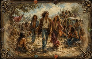 A sunlit procession of free-spirited 1970 hippies moves through a dusty festival camp, surrounded by music, laughter, colorful fabrics, and a psychedelic van. Warm painterly textures and softly feathered edges create nostalgia, while guitar strings, picks, and antique keys form an intricate rock-inspired border with complex ornamental corners.