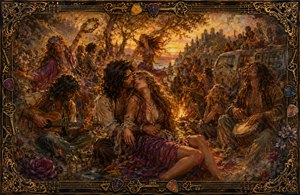 A fiery 1970s hippie gathering unfolds at sunset, alive with dancing, music, romance, and communal celebration. Guitarists, drummers, flower-crowned revelers, a painted van, and glowing firelight fill the richly layered scene. Feathered edges suggest fading memory, while ornate guitar strings, picks, and keys form the intricate frame.