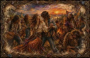A fiery 1970 hippie celebration unfolds beneath a glowing sunset, alive with dancing couples, musicians, laughter, and bohemian freedom. Flowing fabrics, denim, beads, and windswept hair amplify the restless energy. Feathered, memory-like edges merge into an ornate frame of guitar strings, colorful picks, antique keys, and intricate corners.