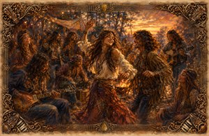 A joyful 1970 hippie gathering pulses with music, dancing, and firelit celebration beneath a glowing sunset. Long-haired friends in flowing bohemian clothing sway around guitarists and percussionists. Warm amber brushwork and softly feathered edges evoke a cherished memory, enclosed by an ornate frame of guitar strings, picks, keys, and intricate corners.