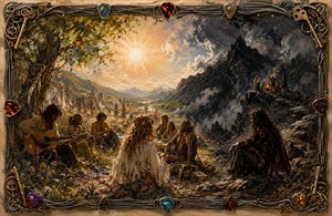 A radiant 1970 hippie gathering unfolds between golden summer meadows and a brooding black mountain. Musicians, flower-crowned friends, tents, wildflowers, and distant firelight create a dreamlike contrast of celebration and mystery. Feathered memory-like edges are enclosed by an ornate frame of guitar strings, colorful picks, antique keys, and intricate corners.