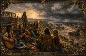 A joyful circle of 1970s hippies plays guitars beside a threatened levee as dark storm clouds gather and floodwaters consume the distant countryside. Warm sunset light contrasts with the approaching disaster, creating nostalgic drama. An ornate frame of guitar strings, picks, keys, and intricate corners surrounds the fading memory.