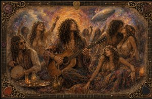 A joyful 1970 hippie gathering unfolds beneath a swirling psychedelic sky, where musicians, dancers, and lovers share an intimate night of rhythm and freedom. Warm candlelight, flowing fashions, flowers, and feathered memory-like edges deepen the nostalgia, while an ornate frame of guitar strings, picks, keys, and filigree completes the scene.