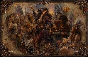 A candlelit 1970 hippie gathering pulses with blues-rock energy as a free-spirited dancer sways beside an absorbed guitarist. Friends laugh, play percussion, and share the smoky bohemian atmosphere. Feathered, memory-softened edges merge into an ornate frame of guitar strings, picks, antique keys, and intricate metallic corners.