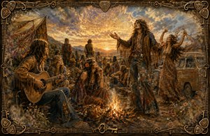 A golden 1970 hippie gathering unfolds around a glowing campfire beneath a mystical sunset. Musicians, dancers, patterned clothing, wildflowers, tapestries, and a weathered van create a joyful yet fateful atmosphere. Feathered edges evoke fading memories, while guitar strings, picks, antique keys, and ornate corners form the intricate frame.