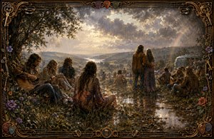 Rain falls gently over a joyful 1970 hippie gathering, where musicians, friends, and lovers share a peaceful hillside overlooking a glowing valley. Wet earth, reflective puddles, dramatic clouds, and a faint rainbow create a tender memory, framed by ornate guitar strings, picks, flowers, and antique keys.