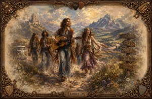 Free-spirited 1970 hippies ramble through a golden mountain valley, led by a wandering guitarist and joyful flower-clad companion. A painted van, distant castle, winding road, wildflowers, and nostalgic haze enrich the scene. Ornate guitar strings, picks, keys, and carved corners form the detailed memory-like frame.