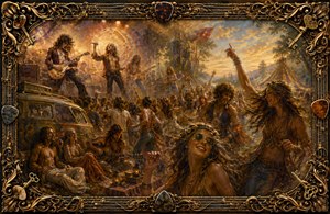 A golden 1970 rock festival erupts with dancing hippies, roaring guitars, glowing stage lights, and a flower-painted van. Joyful faces, flowing hair, tents, flags, and sunset haze create a dreamlike memory. An ornate frame of guitar strings, picks, antique keys, and complex corners completes the celebration.