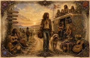 A lone bohemian traveler and his shaggy dog stride along a sunset road as joyful hippies gather around a vividly painted bus, playing guitars and tambourines. Warm golden light, distant wanderers, feathered edges, and an ornate frame of strings, picks, and keys evoke freedom, friendship, and adventure.