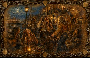 A glowing 1970s New Orleans street celebration unfolds beside the river, where carefree hippies dance, laugh, play guitar and trumpet beneath ornate balconies and golden lamps. Feathered edges soften the scene like memory, while an intricate frame of guitar strings, picks, and antique keys surrounds the revelry.