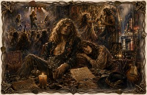 A weary rock dream unfolds amid a crowded 1970 nightlife scene, blending concert energy, dancing hippies, rainy streets, and quiet aftermath. Warm candlelight illuminates bottles, scattered memories, and exhausted companions. Feathered edges soften the drama, while guitar strings, picks, keys, and ornate corners form a richly detailed frame.