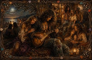 A soulful guitarist plays beneath warm lantern light as affectionate hippies gather through a moonlit 1970 night. Campfire memories, quiet romance, flowing fabrics, and weathered surroundings create a mood of devotion and longing. Ornate guitar strings, colorful picks, antique keys, and intricate corners frame the scene like a treasured musical memory.