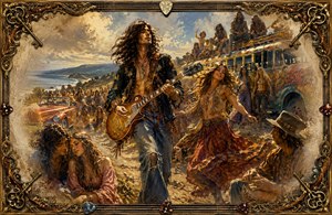 A free-spirited guitarist leads a joyful 1970 hippie gathering along a sunlit coastal road. Dancers, lovers, musicians, a psychedelic bus, and a vintage convertible fill the scene with youthful energy. Feathered edges create a fading-memory effect, while ornate guitar strings, picks, and antique keys form the intricate frame.