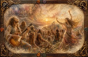 A golden 1970 hippie celebration unfolds beside the sea, filled with musicians, dancers, flowers, and flowing psychedelic clothing. Feathered edges soften the gathering into a distant memory, while sunset light creates warmth and wonder. Ornate guitar strings, picks, antique keys, and complex corners form a richly detailed musical frame.