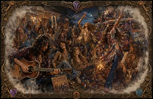 A dramatic 1970 hippie gathering unfolds beneath moonlight, alive with music, dancing, laughter, and firelit freedom. Rich painterly textures capture flowing clothes, guitars, a psychedelic van, and joyful rebellion. Feathered edges evoke fading memories, while an ornate frame of guitar strings, picks, and keys completes the nostalgic scene.
