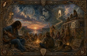 A soulful 1970s gathering surrounds a glowing lakeside campfire beneath a stormy sunset. A lone guitarist bends over his instrument while dancers, dreamers, a flower-painted van, and a watchful dog fill the scene. Ghostly faces, clocks, paths, and doorways suggest regret, responsibility, memory, and hard-won spiritual freedom through music together.