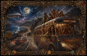 A psychedelic 1970 night flight carries joyful hippies along a moonlit coastal highway in a brightly painted bus. A glowing airship, winding road, vintage cars, and distant city lights create dreamlike motion. Ornate guitar strings, picks, keys, and carved corners frame this energetic musical adventure.