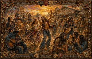 A jubilant 1970 hippie gathering erupts beneath a glowing sunset, filled with dancers, musicians, vintage vehicles, rustic signs, and carefree celebration. Warm, textured brushwork softens into memory at the edges. An ornate frame of guitar strings, picks, keys, roses, and elaborate corners completes the spirited rock-and-roll scene.