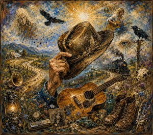 A weathered hand tips a battered hat above a rustic guitar, surrounded by winding roads, ravens, wildflowers, an old train, boots, lanterns, photographs, and forgotten keepsakes. Golden sunlight and blue skies merge through thick painted textures, creating a lively folk-blues dreamscape softened at the edges like fading memories.