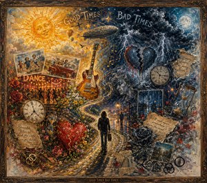 A richly textured dreamscape contrasts golden sunshine and joyful memories with storm clouds, heartbreak, and rain. Clocks, roses, photographs, dancing figures, handwritten notes, and a glowing guitar surround a lone traveler on a winding road, capturing lifes shifting rhythm between celebration, loss, youth, love, and passing time.