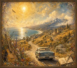 A sunlit coastal road winds through golden hills toward a shimmering California sea, framed by wildflowers, mountains, birds, and glowing clouds. A vintage car, weathered camper, guitar, and open journal evoke travel, music, freedom, and reflection. Soft feathered edges give the richly textured painting a distant, cherished-memory atmosphere.