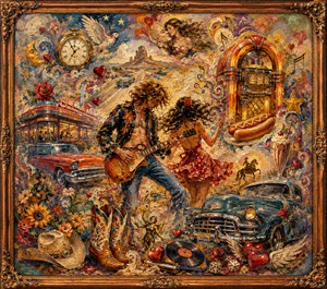 A lively rockabilly dreamscape bursts with jukebox glow, dancing lovers, vintage cars, cowboy boots, a hot dog, milkshake, and swirling musical notes. Desert roads, diner lights, hearts, flowers, and a golden guitar blend into a bright textured memory-cloud, all enclosed within an ornate antique frame.