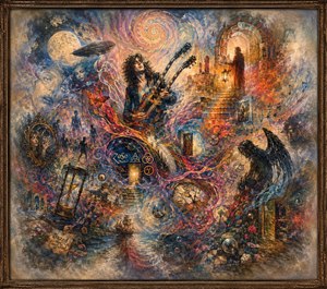A vivid psychedelic dreamscape swirls around a mysterious guitarist, blending moonlight, clocks, stairways, shadowed figures, ships, butterflies, musical notes, and glowing doorways. Rich reds, blues, and golds create restless energy, while softened edges suggest fading memories. An ornate antique frame completes the textured, hypnotic vision.
