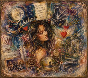 A richly textured rock dreamscape centers on Darlene beneath a glowing moon, surrounded by guitars, winged hearts, sheet music, flowers, clocks, vintage cars, and distant figures. Deep blues, golds, reds, and turquoise blend into feathered memory-like edges, all enclosed within an ornate antique frame.