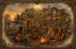 A glowing 1970 hippie gathering unfolds beneath mystical hillside houses, where musicians, dancers, and friends celebrate around a warm campfire. A painted peace van, flowering gardens, sunset skies, and distant sacred architecture create a dreamlike memory. Ornate guitar strings, picks, keys, and symbolic corners form the detailed vintage frame.