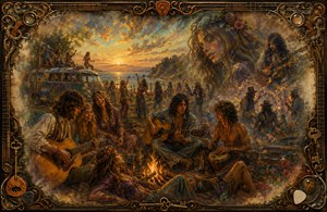 A richly textured 1970 hippie gathering unfolds beside a glowing sunset, filled with musicians, dancers, a painted van, campfire, and dreamlike memories. Warm golden light, expressive faces, and feathered edges create nostalgic drama, while an ornate frame of guitar strings, picks, keys, and complex corners completes the scene.
